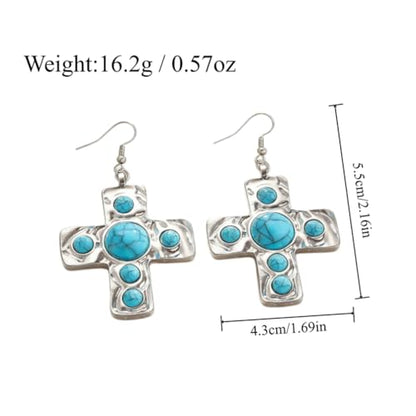 Chunky Gold Silver Cross Drop Dangle Earrings for Women Statement Western - color: Silver-Turquoise