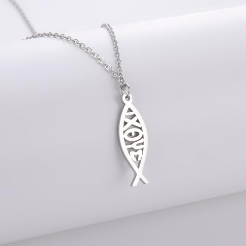 Ichthus Necklace for Women Christian Jesus Fish Necklace Christ Fish Cross Ichthys Pendant Necklace Ichthus Fish Religious Symbol Pendant Christian Jewelry Gift - color: Jesus Fish silver