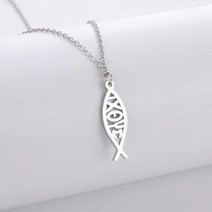 Ichthus Necklace for Women Christian Jesus Fish Necklace Christ Fish Cross Ichthys Pendant Necklace Ichthus Fish Religious Symbol Pendant Christian Jewelry Gift - color: Jesus Fish silver