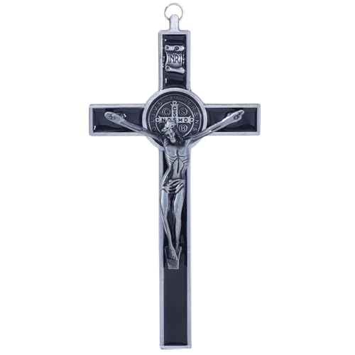 KOMI 7.5" Metal Crucifix Wall Cross with Black Enamel Catholic Jesus Cross - color: Black-Silver