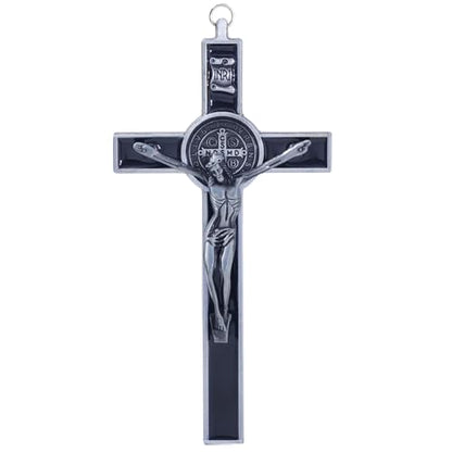 KOMI 7.5" Metal Crucifix Wall Cross with Black Enamel Catholic Jesus Cross - color: Black-Silver