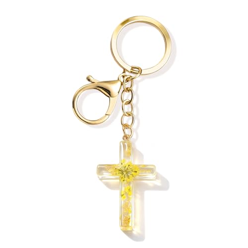 Angyape Cute Christian Cross Keychain for Women Purse Bag Charms Car Key Rings Accessories Flower Design Jesus Faith Gifts - color: D: Yellow Keychain