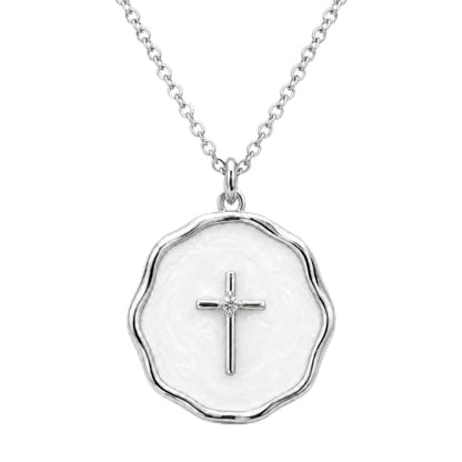Enamel Cross Necklace for Women 18K Gold Plated Christian Pendant - color: White-Silver