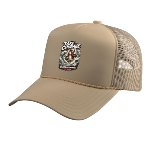 Take Courage It is I. Don't Be Afraid Bible Verse Art Trucker Hat with Adjustable Mesh Back - color: Khaki