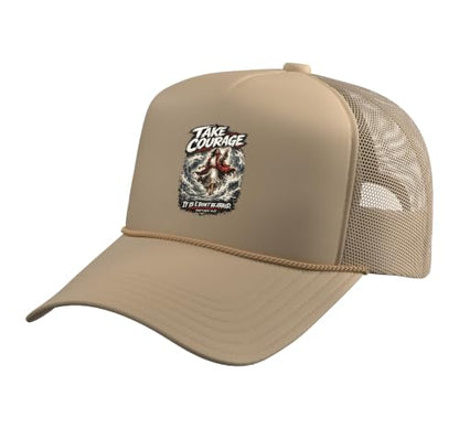 Take Courage It is I. Don't Be Afraid Bible Verse Art Trucker Hat with Adjustable Mesh Back - color: Khaki