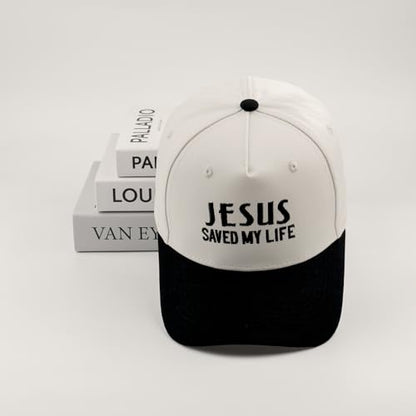Embroidered Christian Two-Tone Baseball Cap for Men & Women, Adjustable Dad Hat Christmas Easter Gift - color: Jesus Saved My Life, Black/Beige