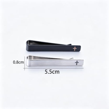 Novelty Cross Tie Clips for Men Unique Black Silver Religious Tie Clip Suitable for Regular Ties Classic Business Wedding Brass Tie Bar Jewelry with Box - color: Black Silver Cross 01