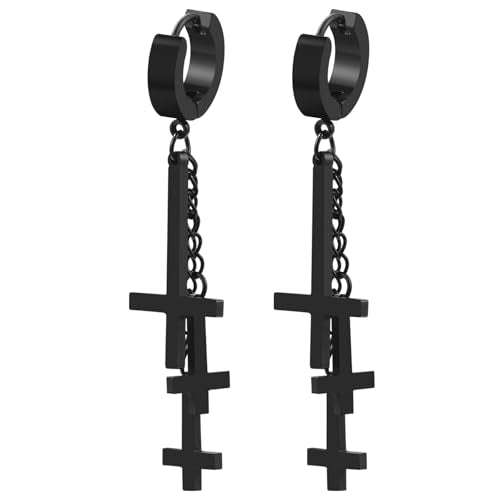 Cupimatch 3-6 Pairs Stainless Steel Cross Dangle Huggie Hinged Hoop Earrings for Men Women (1 Pair Silver Cross) for Mother's Day - color: double-cross-black