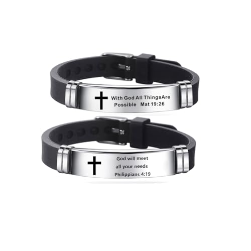 2Pcs Inspirational Quote Cross Bracelets Faith Christian Bible Verse Silicone ID Wristband Religious Bracelet Set Gift for Men Women - style: BR020-3/014