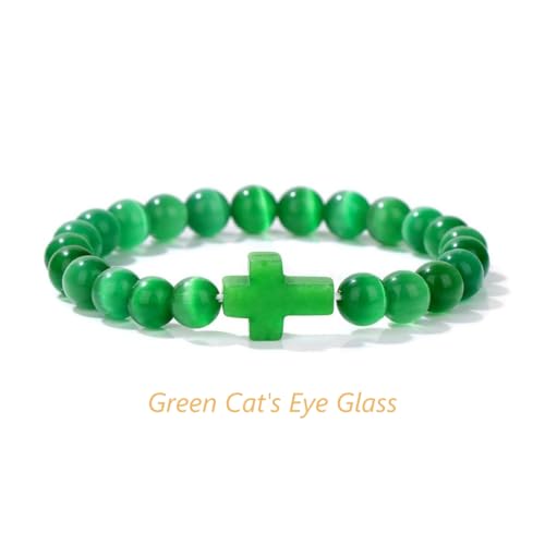 8mm Gemstone Cross Bracelet for Women Men – Stretch Beaded Faith Bracelet with Sideways Cross (Multiple Colors) - style: Green Cat's Eye Glass
