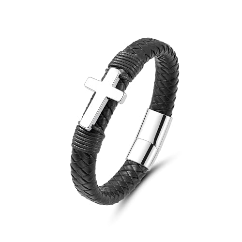 Mens Leather Cross Bracelet Braided Multi Layer Wristband with Stainless Steel Clasp - Christian Religious Gifts for Him(Brown/Black/Blue) - color: Black-2, size: 8.3in(Fits most wrists)