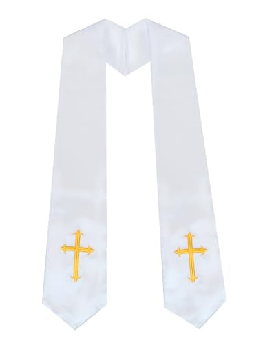 Unisex Clergy Stole with Embroidery Cross 72", Traditional Choir Stole - color: White
