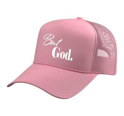 Christian Religious But God Strong Women Men of Faith Gifts Trucker Hat with Adjustable Mesh Back - color: Pink