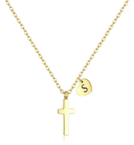 Tiny Cross Necklace for Kids Girls, Initial A-Z , Birthstone Cross Gifts - color: Yellow Color, style: S