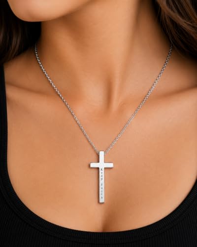 Engraved Cross Necklace for Men, Women & Boys & Girls Cross Necklace, Stainless Steel Cross Pendant Necklace, Faith & Inspiration Christian Jewelry Gift - color: Keep Faith