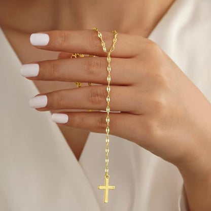 925 Sterling Silver Dainty Cross Lariat Necklace for Women - color: Gold