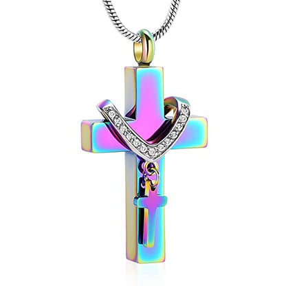 Cremation Jewelry for Ashes Pendant - Cross Urn Necklace with Mini Keepsake Urn Memorial Ash Jewelry - color: Colorful