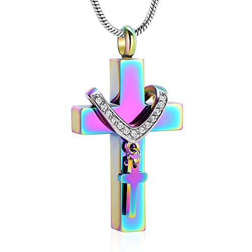 Cremation Jewelry for Ashes Pendant - Cross Urn Necklace with Mini Keepsake Urn Memorial Ash Jewelry - color: Colorful