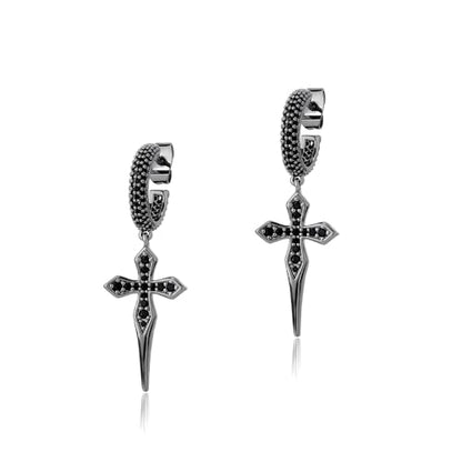 TOPGRILLZ Cross Hoop Dangle Earrings 925 Sterling Silver 5A+ Cubic Zirconia 14K Gold Hypoallergenic Cross Hoop Cuff Huggie Drop Earrings For Men Women - color: Black Cross Stud