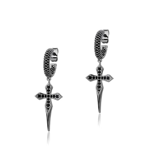 TOPGRILLZ Cross Hoop Dangle Earrings 925 Sterling Silver 5A+ Cubic Zirconia 14K Gold Hypoallergenic Cross Hoop Cuff Huggie Drop Earrings For Men Women - color: Black Cross Stud