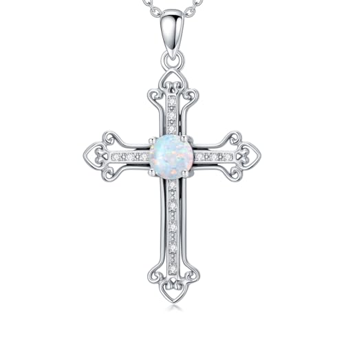925 Sterling Silver Diamond Cross Necklace with Genuine Opal Pendant Elegant Religious Jewelry Gifts for Women - style: Diamond Cross Necklace