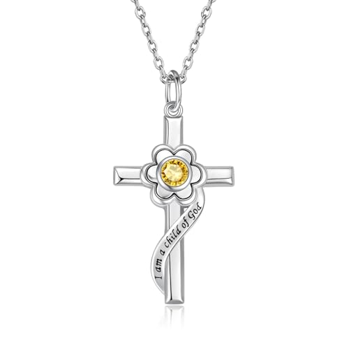 I am a Child of God Necklace - 925 Sterling Silver Birthstone Flower Cross Pendant Religious Jewelry Baptism First Communion Confirmation Gifts for Girls - style: Nov.