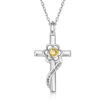 I am a Child of God Necklace - 925 Sterling Silver Birthstone Flower Cross Pendant Religious Jewelry Baptism First Communion Confirmation Gifts for Girls - style: Nov.