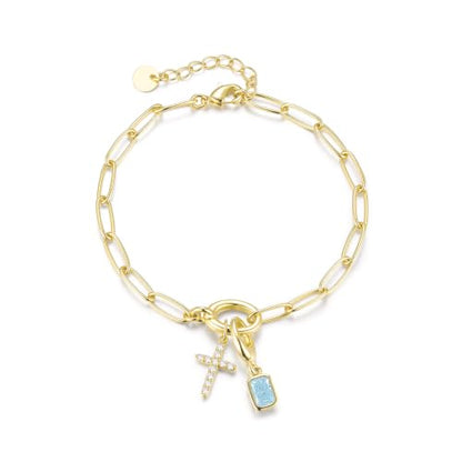 Free bird 14K Gold Cross Birthstone Bracelets for Women Dainty Charm - color: 03-Mar.