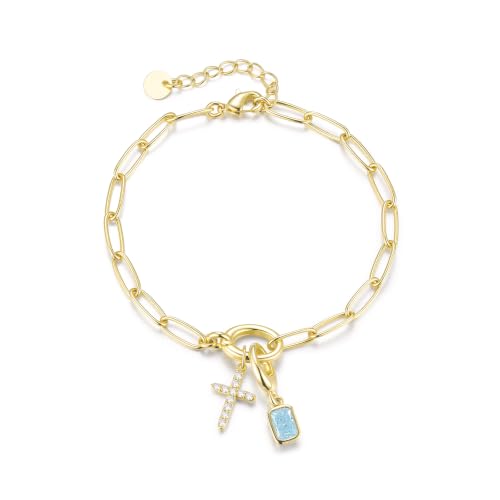 Free bird 14K Gold Cross Birthstone Bracelets for Women Dainty Charm - color: 03-Mar.