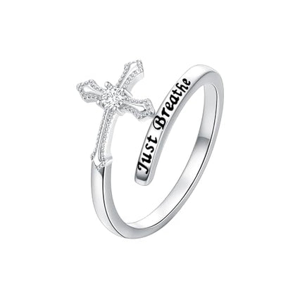 ROMANTICWORK Just Breathe Ring 925 Sterling Silver Cross/Lotus/Dandelion Adjustable Opening Ring Inspirational Jewelry for Women Birthday Christmas Gifts - style: Cross