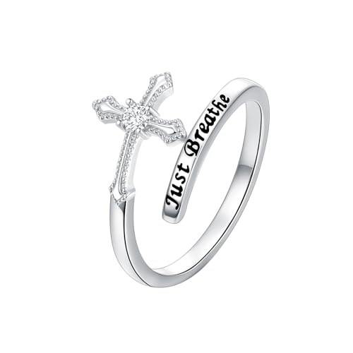 ROMANTICWORK Just Breathe Ring 925 Sterling Silver Cross/Lotus/Dandelion Adjustable Opening Ring Inspirational Jewelry for Women Birthday Christmas Gifts - style: Cross