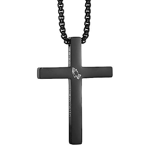 Cross Necklace Stainless Steel Necklace Religious Bible Verse Pendant Crucifix Necklace Faith Jewelry with 22' Chain - style: Matthew 28:20 - BLACK