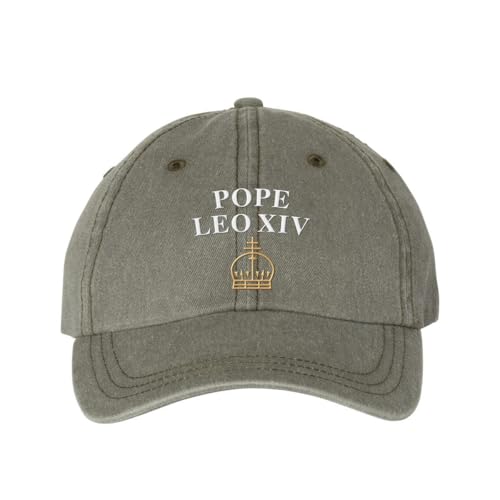 Pope Leo XIV with Crown Embroidered Baseball Cap Adjustable Cotton Dad Hat Pigment-Dyed - color: Olive