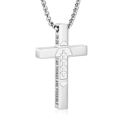 Football Game Day Cross Necklace for Boys Men, Stainless Steel Bible Verse Cross Pendant Chain Sports Gear Stuff Christian Religious Jewelry Gifts - color: Silver, style: PHILIPPIANS 19:26