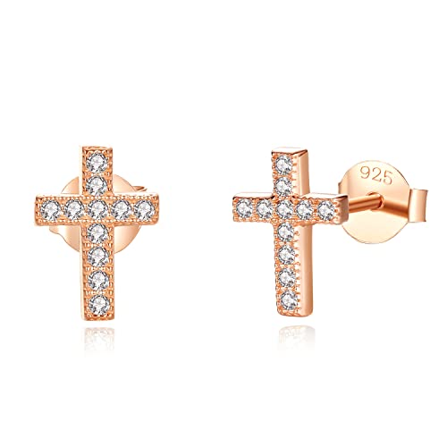 925 Sterling Silver Cubic Zirconia Petite Small Cross Stud Earrings Hypoallergenic For Women - color: Rose Gold