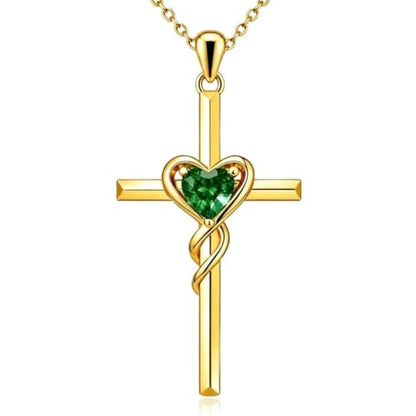 Birthstone Cross Necklace for Women 14K Gold Plated Heart Infinity Cross Pendant Necklace Christian Religious Jewelry Anniversary Birthday Gifts for Wife Mom Her - color: May/Emerald