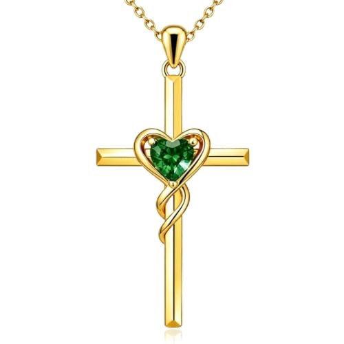 Birthstone Cross Necklace for Women 14K Gold Plated Heart Infinity Cross Pendant Necklace Christian Religious Jewelry Anniversary Birthday Gifts for Wife Mom Her - color: May/Emerald