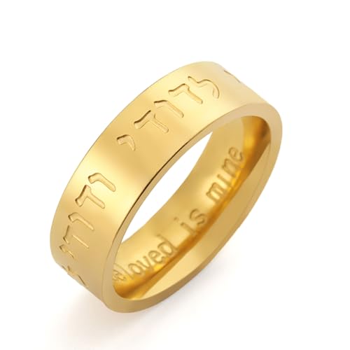 TEAMER Hebrew Song of Solomon Ring Stainless Steel Jewish Kabbalah Blessing Ring Religious Amulet Jewelry for Women Men - color: Gold