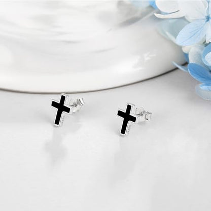 Abalone/Malachite/Onyx/Opal Cross Stud Earring Sterling Silver Small Cross Earrings Cross Jewelry Gift for Women - style: Onyx