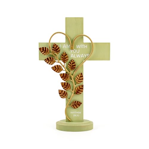 Wooden Cross Wall With Solid Wood Iron Copper Gole Leaf Heart Shaped - color: Green