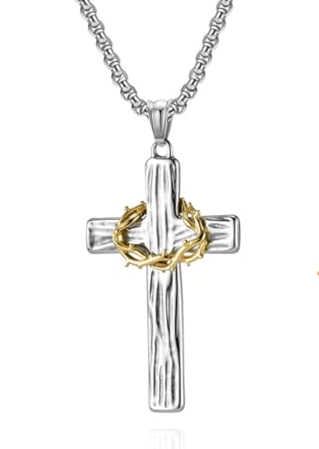 MOOSKI Cross Necklace for Men 316L Stainless Steel Crucifix Jesus 24" Chain - color: Silver-gold