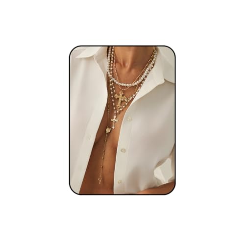 Layered Cross Necklace Set for Women Men – Multi Chain Gold Silver Cross Pendant Jewelry with Rhinestone Accents, Vintage Punk Gothic Style Jewelry Gifts - color: C: Gold Pearl