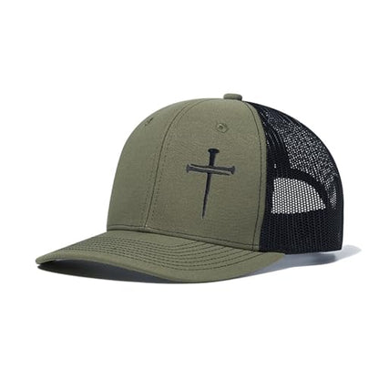 Unisex Embroidered 3 Nails Cross Hats for Men and Women,One Size Fits Most - color: 3 Nails Cross Trucker Hat Light Olive & Black