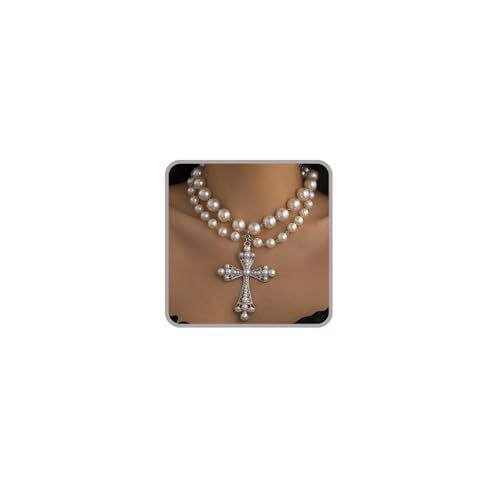 Pearl Cross Necklace Big Cross Pendants Necklaces for Women Chunky Pearl Necklace Gothic Cross Necklace Punk Vintage Cross Jewelry Women - style: Silver 02