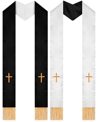 Eurzom 2 Pcs Reversible Clergy Stole with Cross Tassels - color: White,black