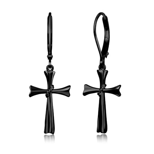 14K Gold Earring Cross Waterdrop Butterfly Heart Knot Earrings for Women Gold Silver Cross Leverback Drop Gold Silver Teardrop Hoop Dangle Earring White Gold Dangle Drop Earring - color: Black-Cross Dangle Earring