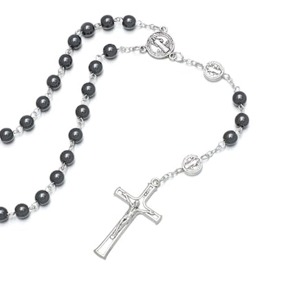 KOMI 6mm Glass Pearl Rosary Beads Catholic for Women with Metal Rosary Box Religious Gifts - style: St Benedict-hematite