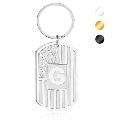 Initial Keychain for Men, A-Z Letter American Flag KeyChain Gifts for Men - color: Silver G