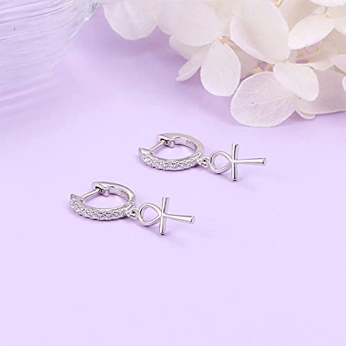 S925 Sterling Silver Ankh Cross Huggie Hoop Dangle Drop Earrings
