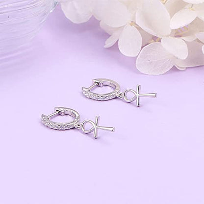 S925 Sterling Silver Ankh Cross Huggie Hoop Dangle Drop Earrings